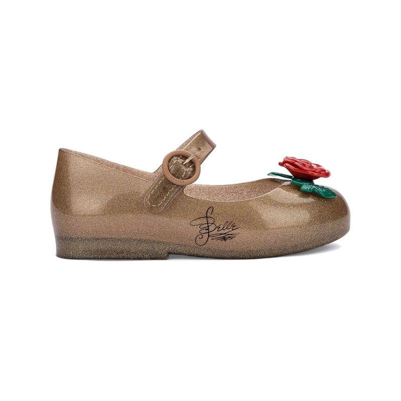 Mini Melissa حذاء ميني ميليسا للبنات - حب حلو + حذاء ماري جين جلي للأطفال الصغار من ديزني - أحذية جلي للبنات الصغيرات مع حزام قابل للتعديل وإبزيم جانبي، ذهبي/الجميلة والوحش 11 - Image 1
